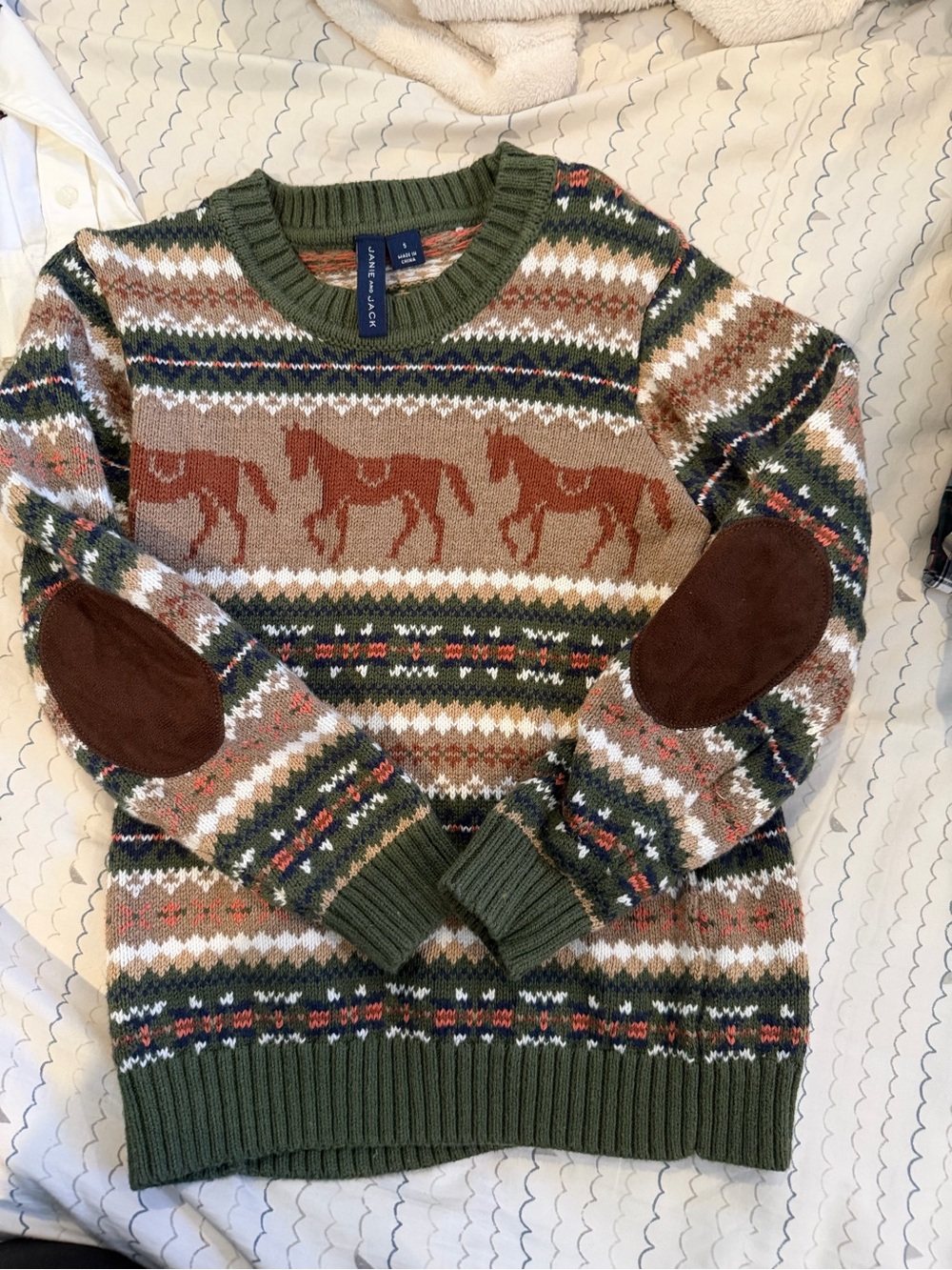 Janie and Jack Green Fair Isle Horse Crewneck Sweater with Brown Elbow Patches